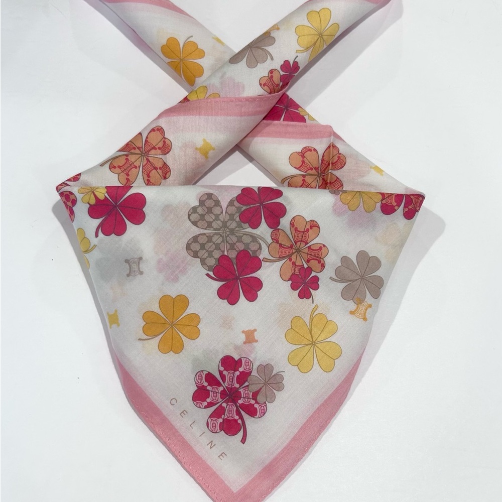 WOMEN HANDKERCHIEF CELINE Floral Clover Yellow Pink COTTON POCKET SQUARE 19”